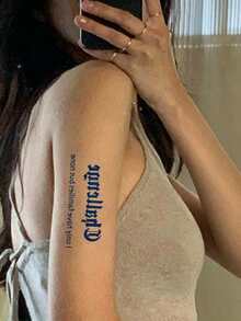 6 Sheet Blue Ink Lettering Temporary Tattoo Stickers, Gothic Cursive Inspirational Texts With Rose Butterfly Designs, Waterproof Body Art Decals, Apply On Collarbone, Arm, Shoulder, Cool Literary Daily Decor - Black - View 6