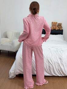 Dreamivo Women's Ruffle Trim Playful Elegant Loungewear Set, Cherry Print Long Sleeve Pants Contrast Color Pajama Set - Pink - View 2