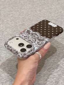 Ins Maillard Brown Polka Dot Lace Floral Phone Case Compatible With Iphone 18 Pro Max, 17 Pro, 16, 17 Pro, 15 Pro Max, Full Coverage Anti-Drop Protective Cover - Brown - View 4