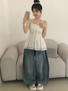 Women's Solid Color Bowknot Front Design Camisole, Fresh Style For Spring/Summer Casual White - White - View 4
