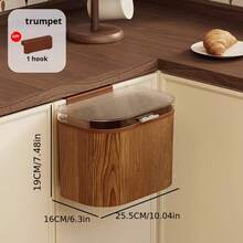 1PC Wall-Mounted Trash Can For Kitchen Cabinet, No-Drill Adhesive Trash Bin, Wood Grain Aesthetic Design, Large Horizontal Opening For Easy Waste Collection, Two Opening Methods: Flip Up Or Slide Down, Two Installation Options: Hook Or Adhesive, U-Shaped Slot Fits Most Cabinet Doors - Multi-color - View 2