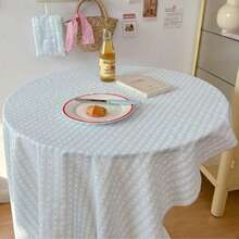 1pc Korean Style Light Blue Striped & Polka Dot Square Tablecloth, Fresh Blue & White Fabric Round Table Cover, Home Use Ins Style Afternoon Tea Dining Table Cloth - Baby Blue - View 10