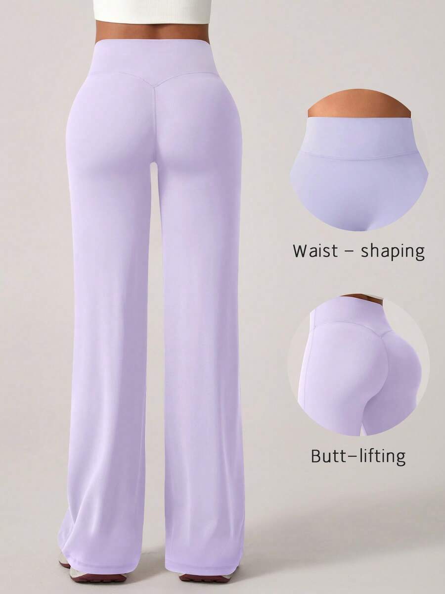 1pc Women's Simple Elastic High Waist V-Shaped Hip Design Long Pants, Butt-Lifting Straight Leg Purple Wide Leg Pants, Versatile Yoga Pants Fall - Lilac Purple - View 1