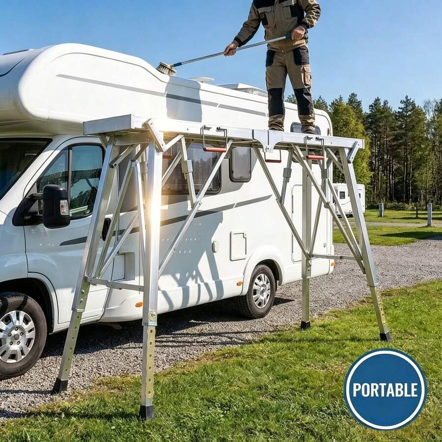 Portable Foldable Workbench With Adjustable Height & Wide Base - Heavy-Duty Foldable, Railing Suitable For Home Renovation, , RV Cleaning, Window Washing - Ideal For/Outdoor Use - Large Size/63'' - View 1