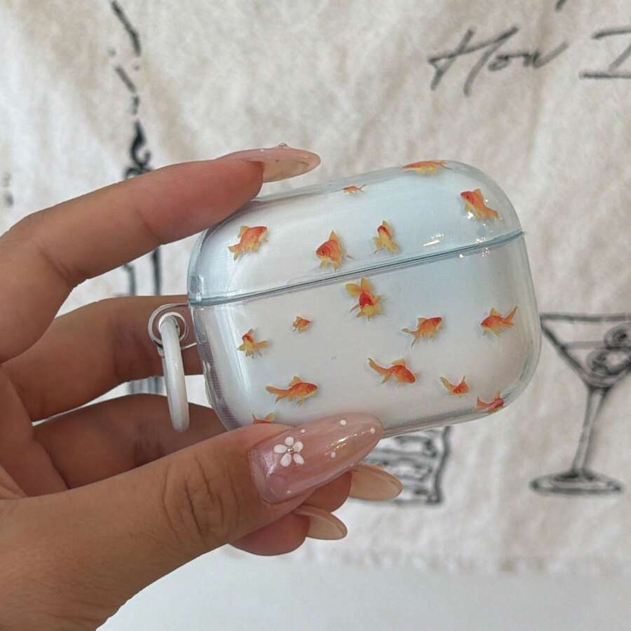Niche Design Anti-Drop, Anti-Scratch, Anti-Fingerprint Semi-Transparent Goldfish + Ring Earphone Case Compatible With AirPods Pro 3, Pro 2, 4, 3, 1/2 Generation Cute Minimalist Protective Cover For Women - Translucent Blue - View 1