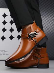 1 Pair Men's Chain Decor Pointed Toe Mid-Top PU Upper Rubber Sole Comfortable Casual Shoes For Daily Wear And Party - Brown - View 5