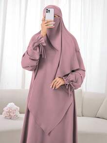2pcs Soft Loose Muslim Headscarf With Matching Cuff Beaded Drawstring Design Dress, Abaya For Daily Wear And Prayer, Luxury Style (Headscarf + Dress) - Multicolor - View 22