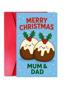1 Greeting Card + 1 Envelope Adorable Christmas Greeting Card, Cute Pudding Couple Design Merry Christmas, Perfect For Parents, Festive Holiday Cartoon Style Card. - Multicolor - View 6