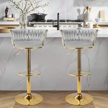 Nalupatio Set Of 2 Luxurious Bar Stools With Velvet Upholstery, Backrest & Footrest – Height Adjustable & Swivel, With Gold Metal Base - Light Grey - View 7