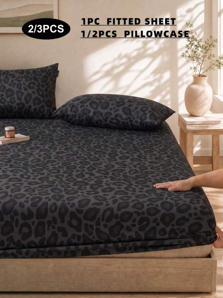 2/3pcs Black Leopard Print Bed Sheet Set, No Filling Bedroom Bedding Set, Brushed Microfiber Material, Breathable And Comfortable, Includes 1 Fitted Sheet And 1/2 Pillowcases, Bed Cover Set, Available In King, Queen, Full, Twin Sizes, Bedroom Bedding Set, Breathable And Comfortable, Deep Pocket Design Up To 11.8 Inches, Breathable And Wrinkle-Resistant, Machine Washable, Suitable For Dorms, Back To School Season And Other Occasions - Black - View 2
