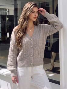 Women Autumn Cable Knit Cardigan V Neck Long Sleeve Button Down Fuzzy Sweater Coat Casual Festival Outfit - Grey - View 10