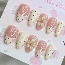 Korean Style Press On Nails 10Pcs Medium Almond Nails French Manicure Red Dot 3D Flower Decoration Glossy Fake Nails Nail Set For Party Dating - Multicolor - View 8