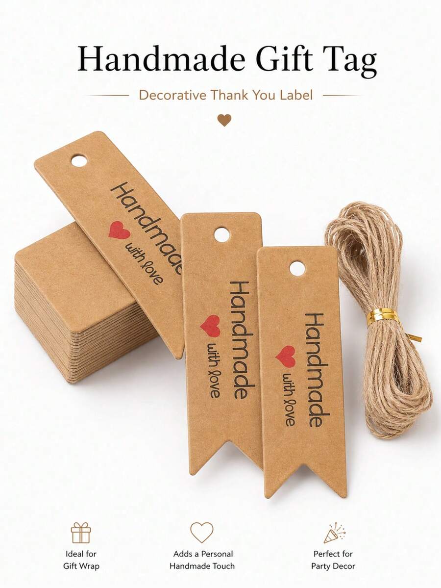 200pcs Handmade Style Gift Tags Rustic Vintage Hang Tags Labels With String For Wedding Birthday Holiday Party Gift Wrapping Packaging Crafts - Multicolor - View 1