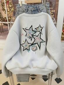 Vintage Distressed Graffiti Colorful Star & Smiling Face Back Print Crew Neck Sweatshirt Women Light Grey Loose Lazy Autumn Pullover - Light Grey - View 2
