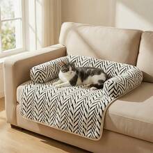 1pc Plush Pet Sofa Bed, Black & White Geometric Pattern With Raised Bolster Pillow, Anti-Scratch Furniture Protector Pad, Non-Slip Bottom, Suitable For Cats & Dogs Resting, Sleeping And Living Room Use - Black and White - View 7
