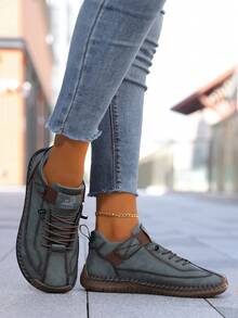 Women's 1 Pair Plus Size Wide Fit Solid Color Handmade Stitched Cargo Style Style Microfiber Leather Animal Park Walking Outdoor Hiking Fashion Versatile Rubber Non-Slip Wear-Resistant Sole - Army Green - View 7