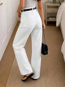White Washed Denim Straight Leg Jeans For Women, Casual Extra Long With Button And Pockets, Medium Stretch Fabric - White - View 6