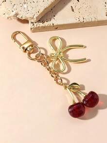 1pc Unisex Red Cherry Keychain, Fashionable 3D Bow Pendant, Luxury Style Exquisite Bag & Key Charm - Multicolor - View 2