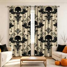 2PCS Halloween Curtains, Retro Distressed Beige Background Black Skull Ornate Print, Halloween Gothic Style Decorative Window Drapes For Home Decoration - Multicolor - View 9