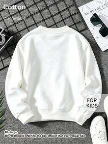 Barn sweatshirt med rund hals, Clean Time tecknad krokodiltryck, ren bomull, mjuk avslappnad långärmad pullover - Vitt - Visa 2