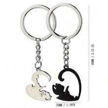 Quirky Cat Design Heart-Shaped Split Matching Keychain Set, Engraved Love Token, Perfect Birthday, Anniversary, Christmas Gift For Best Friends, Couples, Soulmates - Black`White - View 4