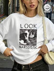 Relaxed Fit Round Neck Pullover Sweatshirt For Young Adults With Cat Photo Print & Letter Graphics, Breathable Casual Top For Spring - White - View 2