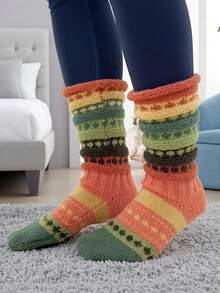 1 Pair Women's Winter Striped Ruffle Long Socks, Fairland Style, Thick Soft Warm Y2K Retro - Multicolor - View 12