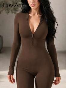 FlowZen Women's Spring/Summer New Half-Zip Stand Collar Long Sleeve Athletic Jumpsuit, Slim Fit Tummy Control Butt Lifting Tight Fitness Jumpsuit, Elastic Shaping Yoga Jumpsuit, Minimalist Sexy Premium Style, Suitable For Daily, Casual, Fitness, Running, Vacation, Date, Street, Outdoor Sports, Back To School, Performance, Music Festival, Thanksgiving, Valentine's Day, New Year, Party - Coffee Brown - View 4