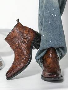 Men's Brown Crocodile Embossed Western Pointed Toe Rivet Side Zipper Chelsea Boots Vintage Workwear High-Top Boots - Brown - View 8
