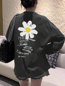 女款秋冬寬鬆圓領休閒街頭風百搭雛菊印花長袖T恤 - 深灰色 - 查看 3