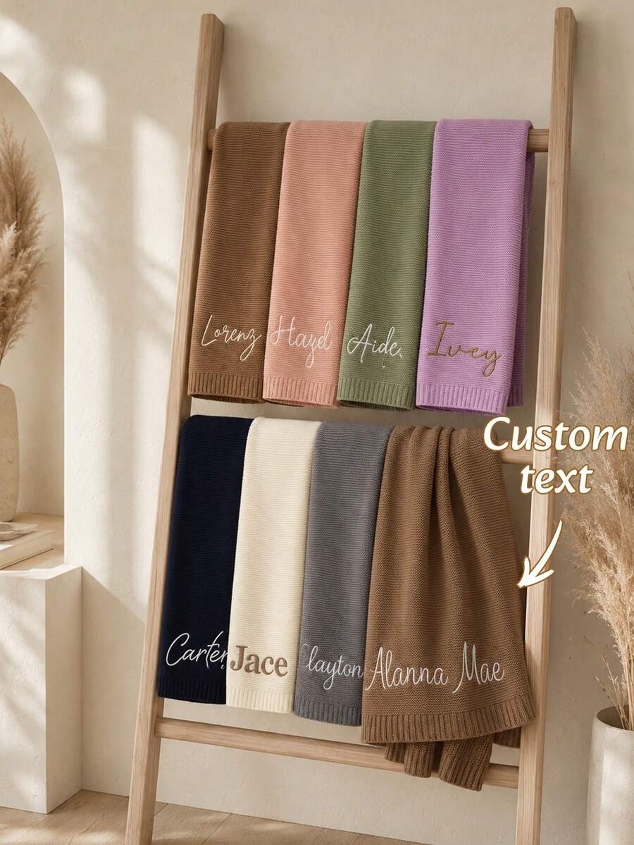 1PC Custom Text Embroidered Solid Knit Throw Blanket With Ribbed Edge, 7 Color Options, Decorative Layer For Armchair Home Office Space, Great Housewarming Anniversary Gift For Loved Ones