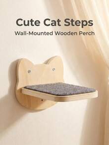 1pc Cat Wall Shelf Steps, Cat Head Shaped Wooden Climbing Rack With Felt Scratching Pad, Wall-Mounted Indoor Cat And Kitten Furniture - Apricot - View 1