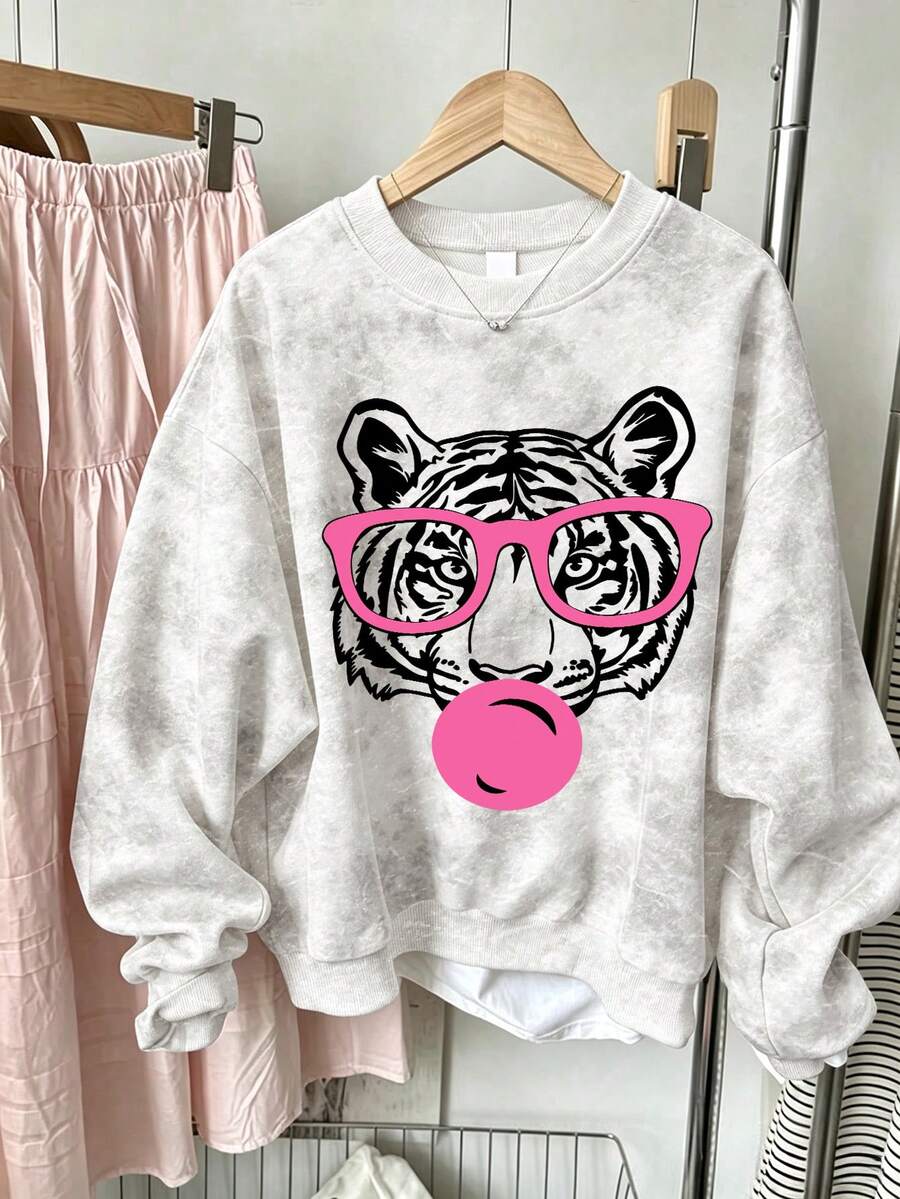 Fun Style Girls Round Neck Sweatshirt, Washed Tie-Dye Glasses Blowing Bubble Gum Tiger Print Loose Pullover, Spring/Autumn - White - View 1