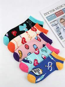 5 Pairs Fun Nurse Socks, Medical Theme Cartoon Design, Perfect Gift For Nurses, Doctors And Hospital Staff, Novelty Socks, Invisible Socks Random - Multicolor - View 3