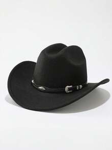 1pc European And American Style Western Cowboy Hat, Metal Buckle Decor Wide Brim Hat, Outdoor Travel Vintage Atmosphere Hat - Diamond-shaped Metal Buckle - View 7