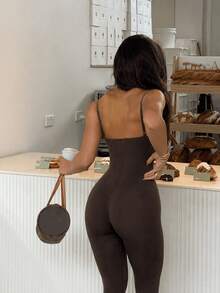 Sexy Hot Girl Style Spaghetti Strap Fitted Fashion Solid Color Long Jumpsuit Summer Brown - Brown - View 5