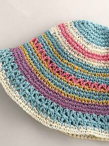 Dopamine Striped Straw Fisherman Hat Women Summer Hollow Out Breathable Bucket Hat Slimming Face Sun Protection Sun Hat Plus Size Rainbow Striped Hollow Straw Hat Women Travel Outdoor Sun Protection Face Covering Sun Hat Women New Wide Brim Slimming Face Large Head Circumference Handmade Woven Large Size Fisherman Hat Vacation Beach Bucket Hat Back To School - Multicolor - View 9