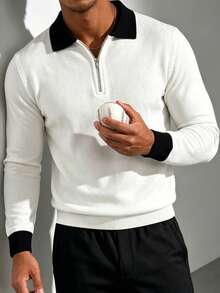 ZYNTH BALENO Men's Fashion 12-Gauge Patchwork Slim Fit Regular Shoulder Width Zip Collar Long Sleeve Sweater, Suitable For Fitness, Workout And Sports - White - View 2