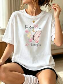 1pc Women's T-Shirt, Pink Butterfly Floral Art Print, White Round Neck Short Sleeve Pullover Versatile Top - Holiday Gift - White - View 1
