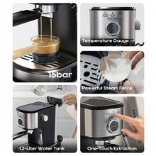 HiBREW H5A Semi-Automatic Espresso Machine, 1.2L Large Capacity Removable Water Tank, Easy To Clean, Visual Temperature Gauge, One-Touch Extraction, User-Friendly, 51mm Comfortable Handle, Stainless Steel Body - EU F Type Plug(220-240V) - View 2