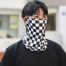 1pc Black & White Plaid Face Sun Protection Neck Gaiter With Earring Loops, Face & Neck Protection, Elastic Soft Warm Winter Scarf/Mask, Suitable For Cycling, Motorcycle Riding & Outdoor Activities - Black and White - View 5