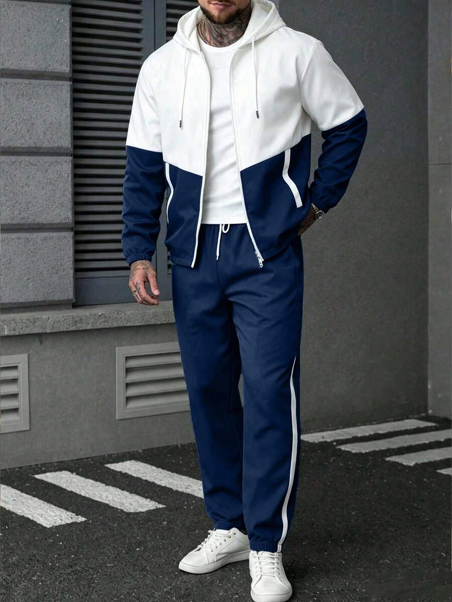 男士拼色跑步健身運動套裝，包含夾克與長褲，男友風休閒運動服 - 藏蓝色 - 查看 1