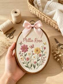 Custom Name Embroidered Hoop Wall Decor, Handmade Wildflower & Butterfly Pattern Embroidery Art Frame With Satin Bow, Personalized Text Wall Plaque, Bohemian Style Room Wall Decoration - Multicolor - View 3