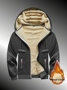 1pc Men's Thermal Lined Thick Cardigan Hooded Lamb Thermal Casual Jacket, Thick Warm Suitable For Autumn/Winter Outdoor Activities, Daily Commute Top - Dark Grey - View 1