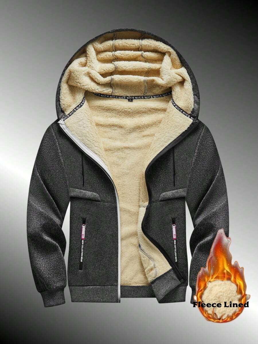 1pc Men's Thermal Lined Thick Cardigan Hooded Lamb Thermal Casual Jacket, Thick Warm Suitable For Autumn/Winter Outdoor Activities, Daily Commute Top - Dark Grey - View 1