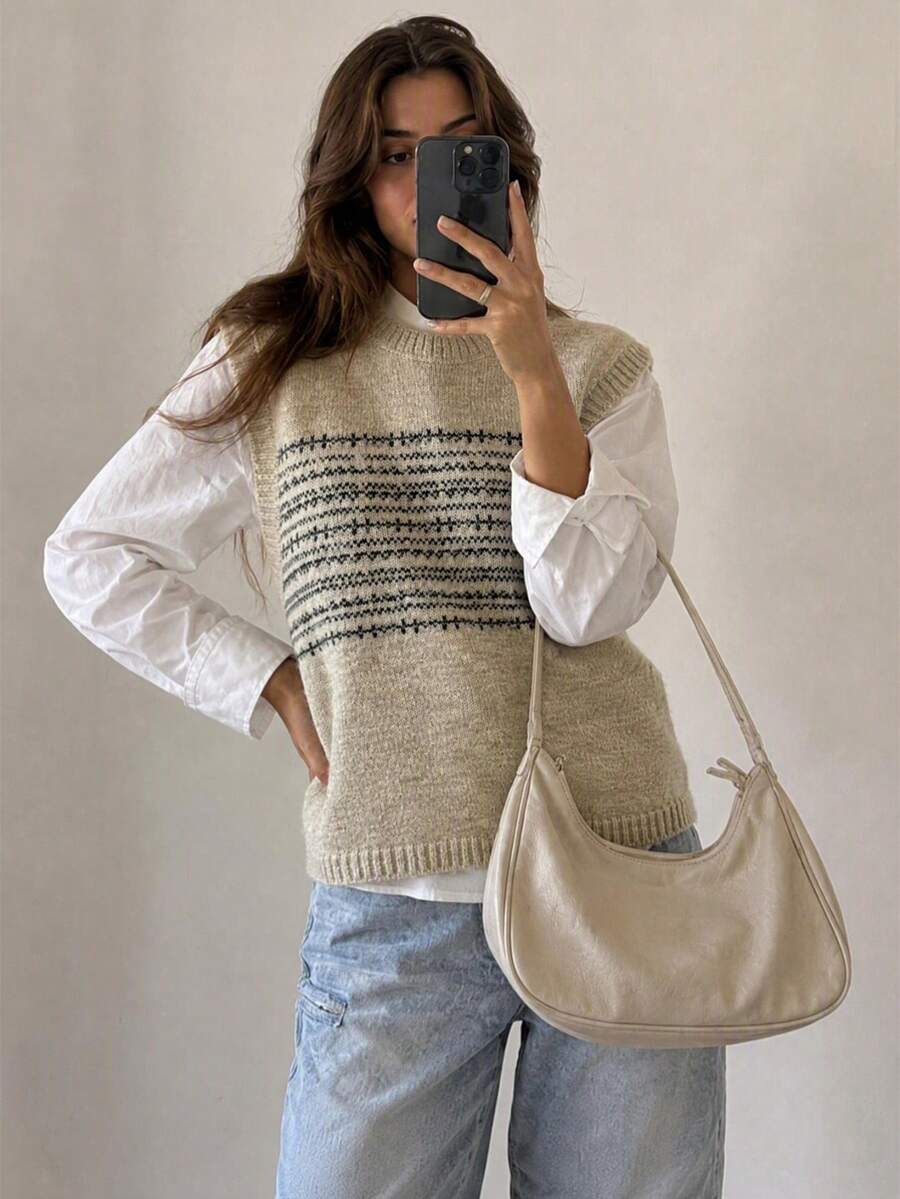 Women Fair Isle Pattern Round Neck Knit Vest, Casual Sleeveless Sweater Vest For Fall Daily Layering - Khaki - View 1