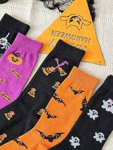 Random 3 Pairs Halloween Crew Socks For Women, Cute Ghost Pumpkin Bat Spider Web Candy Printed Mid‑Calf Socks, Fall Halloween Festival Casual Socks - Multicolor - View 2