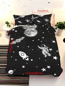 2/3件組兒童太空太空人床上用品套件，黑色星系火箭行星星星被套與枕套（單人/雙人/加大尺寸） - 彩色 - 查看 16