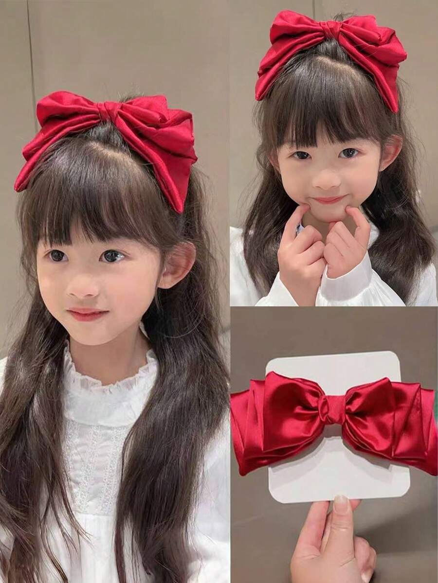 1件女孩紅色三層蝴蝶結光滑緞面防滑甜美髮夾，適合日常配戴、派對、四季休閒髮飾，節日禮物
