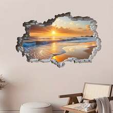 1pc 2D Beach Sunset Wall Sticker, Self-Adhesive Removable Beach Landscape - Multicolor - View 1